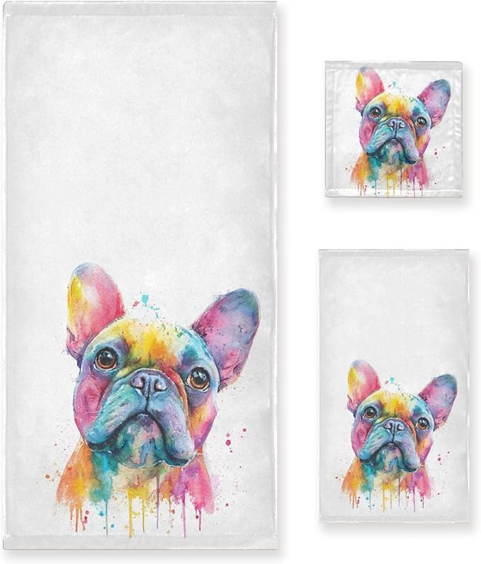 French Bulldog Puppy Towels Set of 3 Watercolor Dog Colorful Art Bathroom Towel Soft Absorbent Bath Hand Towels Washcloth Guest Towel Sets Bathroom Decorations