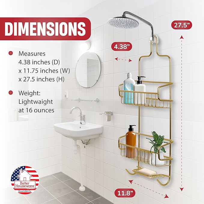 Better Houseware Over the Shower Head Caddy, Rustproof Shower Head Organizer with Hooks & Shelves, Hanging Shower Caddy for Shampoo, Conditioner & Soap, Aluminum Bathroom Rack, Gold