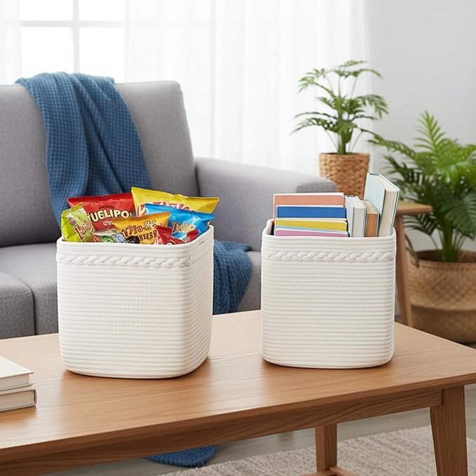danpinera 13 Inch Cube Storage Baskets, 3-Pack Woven Fabric Organizer Bins, 13"x13" Square Baskets for Cube Storage for Shelves, Baby Nursery, Closet Organizer, White
