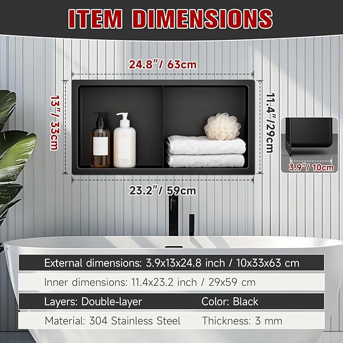 No Tile Needed Shower Niche 13"X 25", Bathroom Wall Niche Double Shelves, Stainless Steel Shower Niche for Bathroom, Kitchens, Balconies