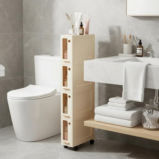 Weysat Narrow Bathroom Storage Cabinet with Wheels Slim Storage Organizer with Transparent Doors and Shelves for Small Space, Bathroom, Bedroom, Kitchen(4 Tiers)