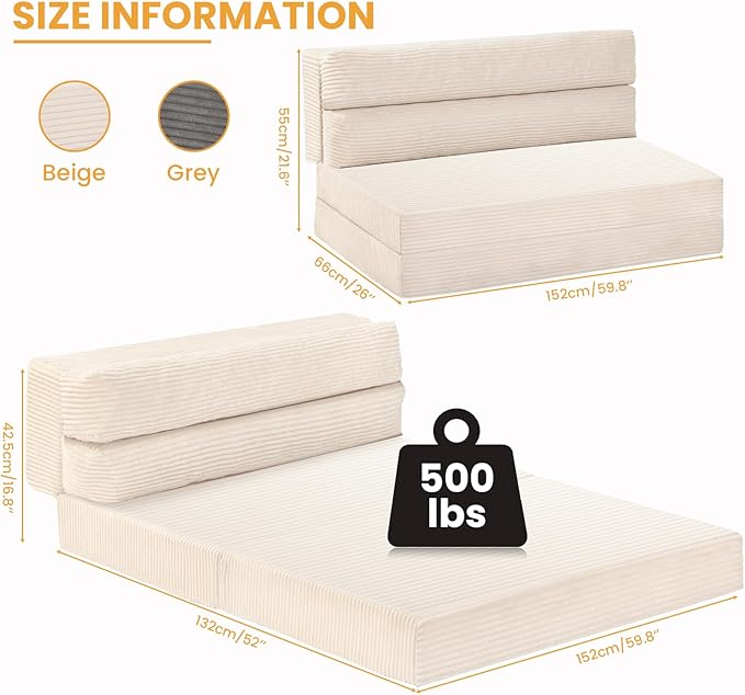 Folding Mattress Queen Size, 3 in 1 Convertible Sofa Bed Corduroy, Fold Out Couch Bed Floor Couch Lounge Sleeper Mattress for Living Room, Guest Room, High-Density Memory Foam 5'' Thickness, Beige