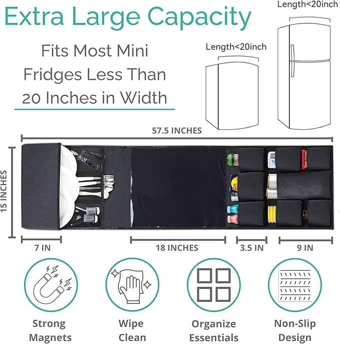 Mini Fridge Organizer - Over Fridge Organizer with Large Pockets and Dividers for Utensils, Pantry Items, Paper Towel, Snacks - College Essentials Dorm - Over Fridge Storage (Black)…