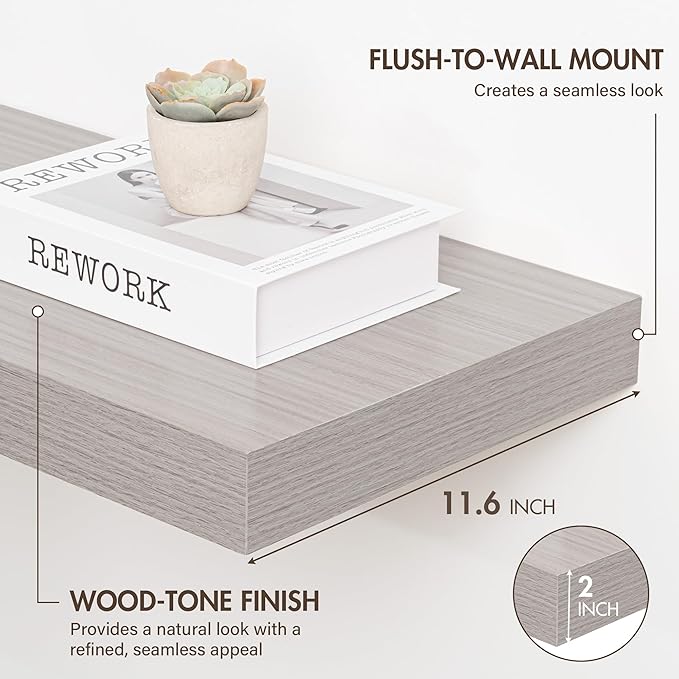 24 Inch Floating Shelves, 12" Deep Floating Shelf Wall Mounted, 24" Wall Shelves, Rustic Deep Bookshelf, Extra Deeper & Thicker Display Shelves for Bedroom, Living Room, Gray, Set of 2