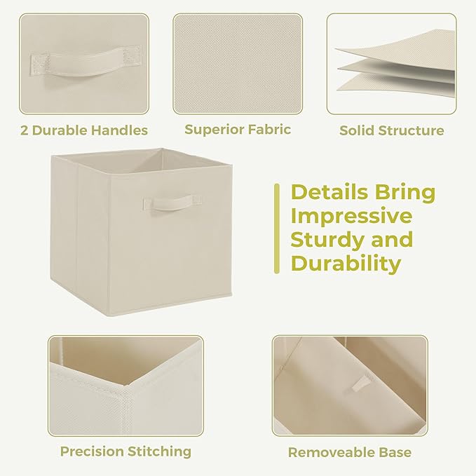 Storage Bins, 11 Inch Fabric Storage Cubes, Collapsible Cube Storage Box, Fabric Closet Organizers with Handle for Home, Office, Shelf, Closets, Bedroom, Living Room, Beige, 10 Set