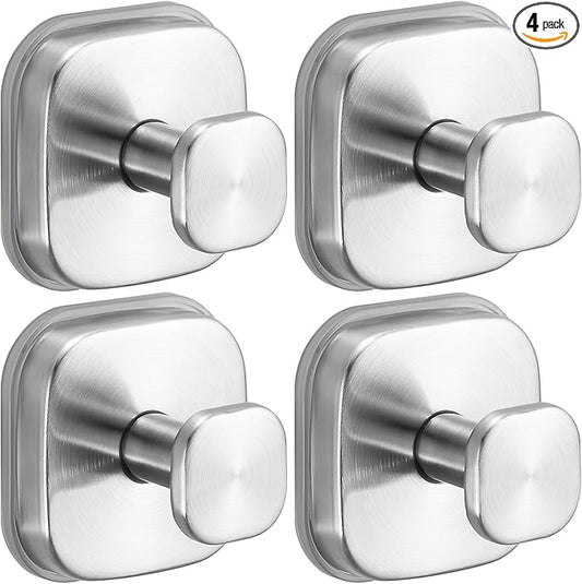 Suction Cup Hooks for Shower - Resuable Bathroom Hooks for Towels, Robes & Loofah - No-Drill Mounting on Kitchen,Walls,Metal,Glass,Mirrors,Tile & Smooth Non-Porous Surfaces (4, Brushed Nickel)