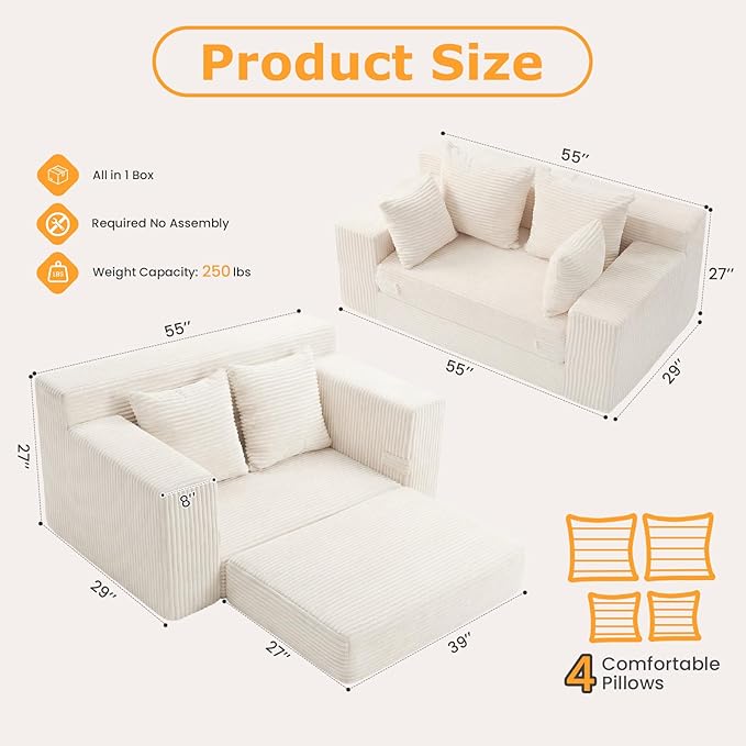 Boneless Loveseat Sleeper Sofa Bed, 3-in-1 Convertible Sofa Bed and Futon Couch with 4 Pillows, 55" Beige Boneless Couch for Living Room, Guest Room, Small Space, No Assembly Required, Corduroy