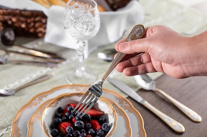 5 Piece Flatware Set - Service for 1-18/10 Stainless Steel Silverware - Vintage Design Handle with Gold Detailing - Dishwasher Safe - Durable Cutlery - First Apartment Essentials (Lucca)