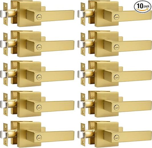 Probrico Gold Privacy Door Handle Lockset Heavy Duty Interior Door Lever for Bedroom Reversible Keyless Handleset Door Knob 10 Pack