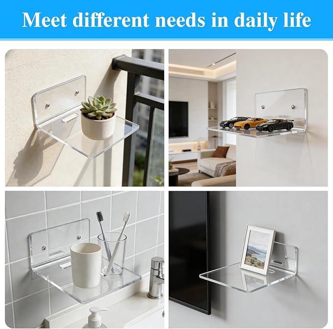 6 Pack Acrylic Mini Wall Mount Floating Shelves, Clear Small Flexible Shelf for Wall Security Camera Shelf for Bedroom, Bathroom, Living Room, Office with 2 Types of Installation