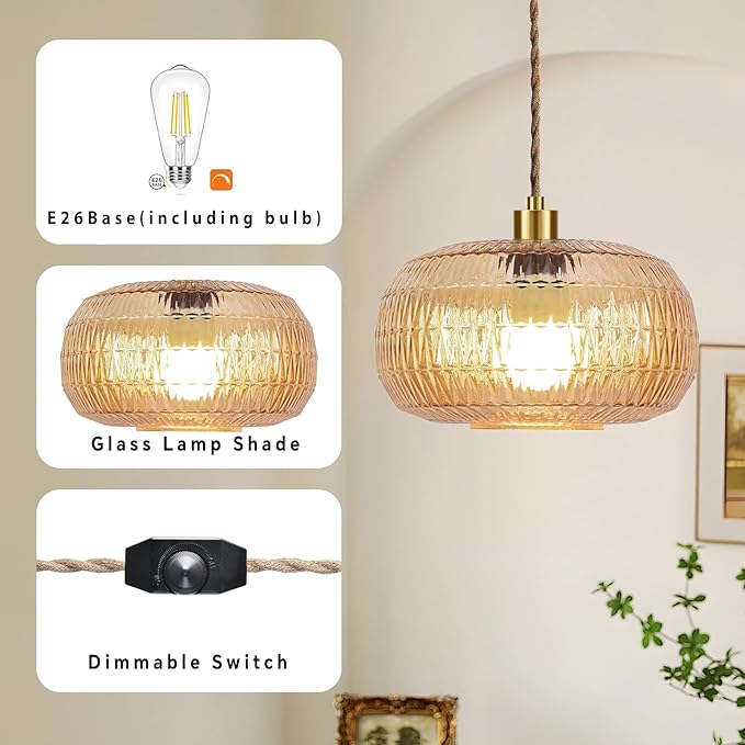 Plug in Pendant Light Hanging Lights with in Cord Mid Century Modern Gold Hanging Lamp Flower Glass Amber Vintage Dimmable Chandelier Ceiling Fixture for Living Room,Kitchen,Boho