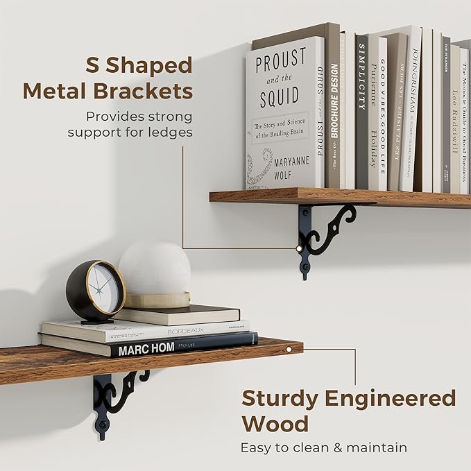 RICHFOCUS Floating Shelves for Wall Decor, 8 Inch Deep Floating Shelves Set of 2, 16W x 8D Shelves Wall Mounted with Metal Brackets, Wood Shelves for Living Room Bedroom Kitchen, Rustic Brown