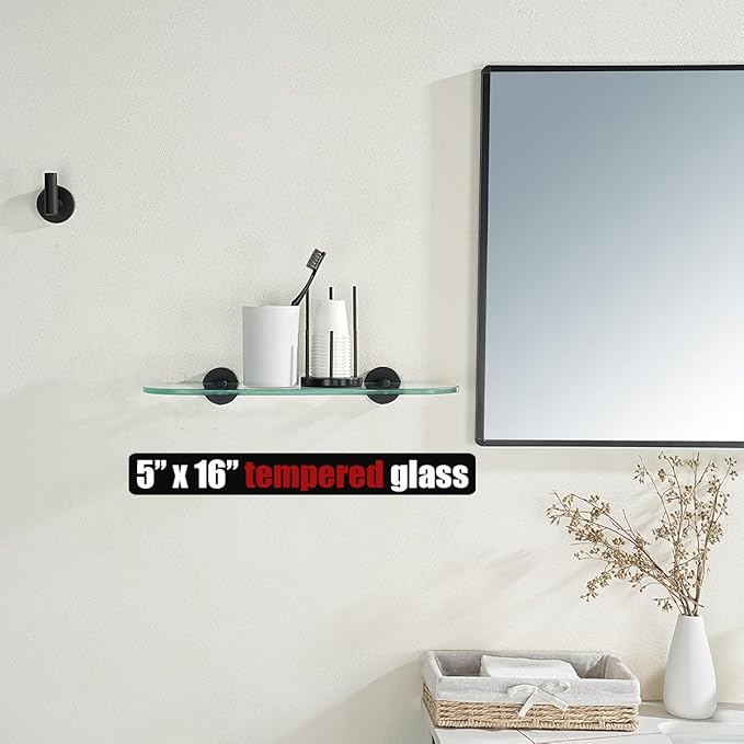 JQK Bathroom Glass Shelf Black, Tempered Glass Shower Storage 16 by 5 inches, 304 Stainless Steel Matte Black Wall Mount, TGS121L16-PB