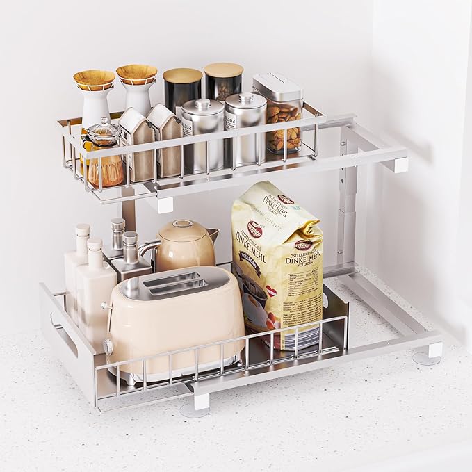 Under Sink Organizer, Heavy Duty Meta Slide Out Sink Shelf Organizer Height Adjustable, Multi-Purpose Storage Shelf for Kitchen Bathroom (Silver,2Pack)