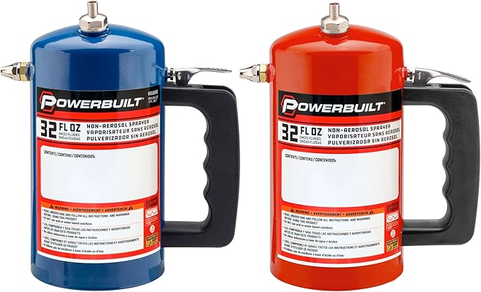 Powerbuilt 1 Quart Refillable Non-Aerosol Pressurized Sprayer for Oil, Lubricants, Degreasers - 32oz Canister w/Brass Nozzles & Stainless-Steel Corrosion Resistant Core, 2 Pack Blue & Red - 643102ECE