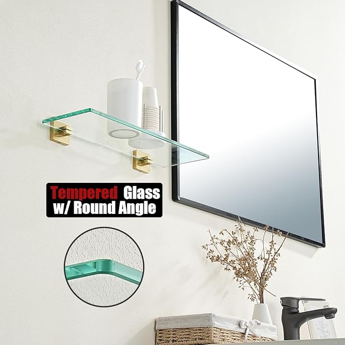 JQK Bathroom Glass Shelf, Floating Tempered Glass Shower Storage 20 by 5 inches, 304 Stainless Steel Brushed Gold Wall Mount, TGS201L20-BG