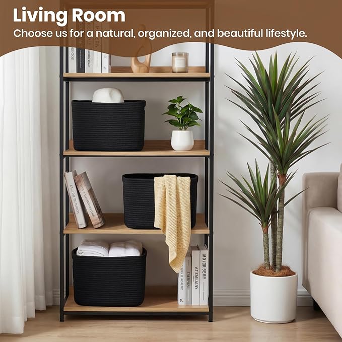 Storage Baskets for Organizing, 14 x 10 x 9” Closet Shelf Woven Baskets, Square Bins with Handles, Cotton Rope Basket for Toys, Clothes, Office, Room, Black 3 Pack
