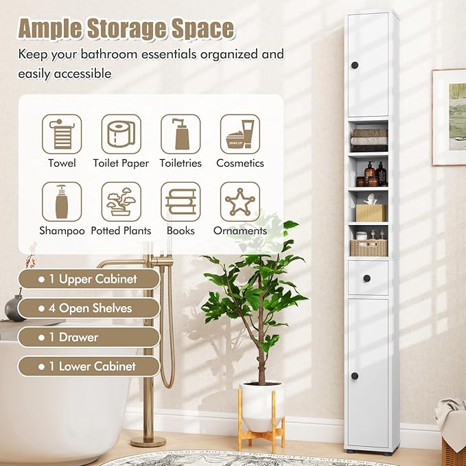 Giantex Slim Bathroom Storage Cabinet - 71” Tall Narrow Floor Cabinet Cupboard with 2 Doors, 5 Adjustable Shelves, 1 Drawer, Anti-Tipping Device, Thin Linen Tower Cabinet for Living Room (1, White)