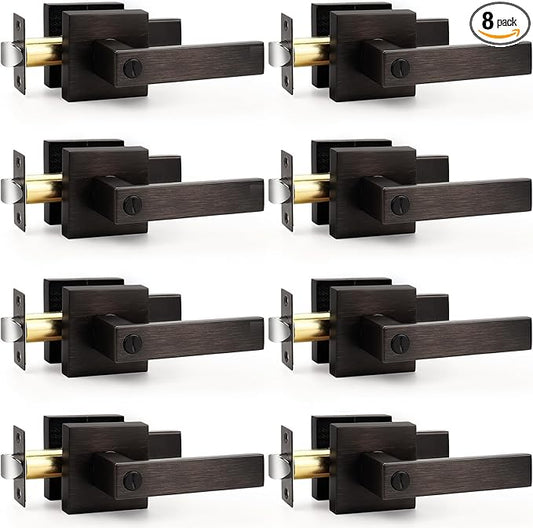 Probrico Heavy Duty Oil Rubbed Bronze Door Handles, Interior Keyless Locks Bath/Bed Door Locksets, Square Privacy Door Levers Reversible for Left/Right Handed Doors, 8 Pack