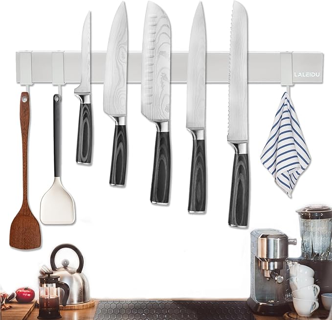Magnetic Knife Holder for wall, 16 Inch Knife Magnetic Strip with 3 Hooks, Stainless Steel Knife Holder Magnet Rack for Kitchen Organizer, Mount with Adhesive or Screws