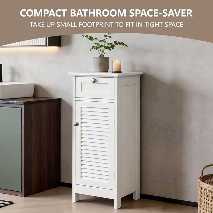 Small Bathroom Storage Cabinet, Freestanding Narrow Floor Cabinet with Drawer & Shutter Door for Small Spaces, Storage Organizer for Bathroom, Living Room, Entryway, 12.6 x 11.8 x 34.3 in