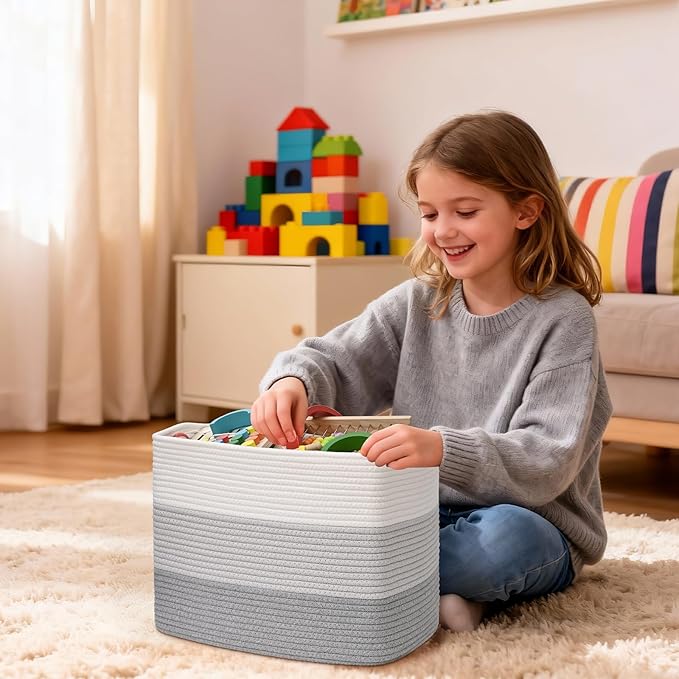 3 Pack Cube Storage Bin, 17”x12”x12” Cotton Rope Woven Baskets for Organizing Toys Clothes Towels, Square Gift Storage Baskets for Shelves, Nursery, Closet, Bathroom, Pantry (3-Tone Gray)