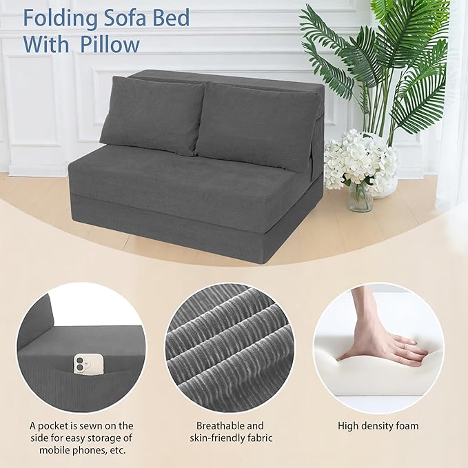 Sofa Bed Foldable Mattress ，Folding Sleeper Sofa Chair Bed Floor Mattress with Pillow for Living Room Home Office (Dark Gray -Corduroy, Twin)