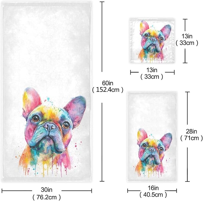 French Bulldog Puppy Towels Set of 3 Watercolor Dog Colorful Art Bathroom Towel Soft Absorbent Bath Hand Towels Washcloth Guest Towel Sets Bathroom Decorations