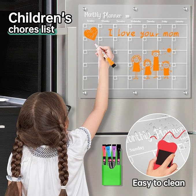 Acrylic Magnetic Dry Erase Board for Fridge，Set of 3 Transparent Planning Boards for Monthly Calendar, Weekly Includes 6 Dry Erase Markers, 1 Eraser and Magnetic Pen Holder