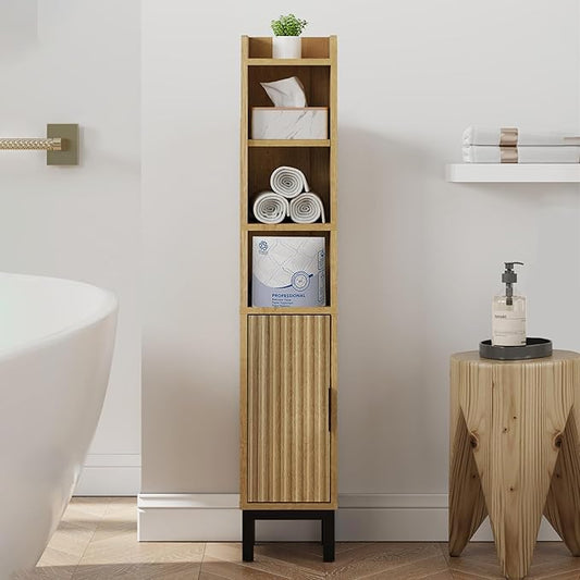 Narrow Bathroom Storage Cabinet, Corner Toilet Paper Floor Cabinet 5 Tiers with Door and Shelves,Bathroom Organizer with Adjustable Shelf, for Small Spaces (Oak)