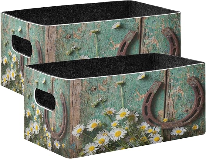 Kcldeci Rustic Rusty Horseshoe and Daisies on Old Wooden Storage Bins Baskets for Organizing, Sturdy Foldable Storage Baskets for Shelves Closet Nursery Toy