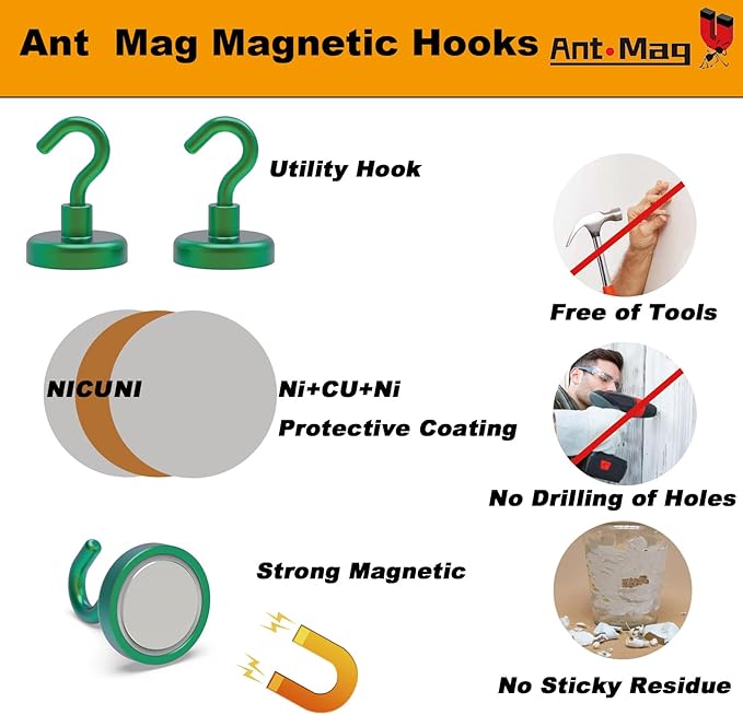 Ant Mag Strong Magnet Hooks 100lbs+ Pulling Force Neodymium Hooks Hangers Heavy Duty Used for Home Kitchen Refrigerator