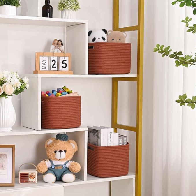 3 Pack Cube Storage Bin, 9”x9”x7” Cotton Rope Woven Baskets for Organizing Toys Clothes Towels, Square Gift Storage Baskets for Shelves, Nursery, Closet, Bathroom, Pantry (Red)