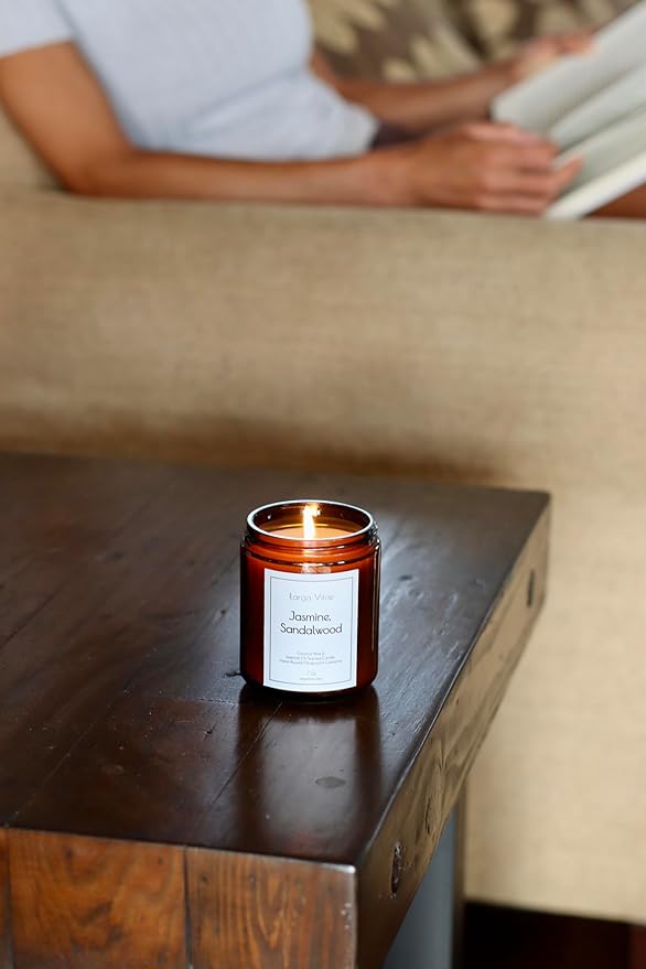 Jasmine, Sandalwood Coconut Wax Candle Non Toxic Aromatherapy Candle with Essential & Prime Rated Natural Fragrance Oils, Clean Burning Amber Jar Candle, 7 oz Small Batch
