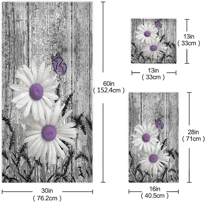 3 Piece Rustic Daisy Bath Towels Set,Microfiber Absorbent Purple Flower Butterfly Grey Barn Farmhouse Towels for Bathroom,1 Bath Towel,1 Hand Towel,1 Washcloth,Decorative Bathroom Towels