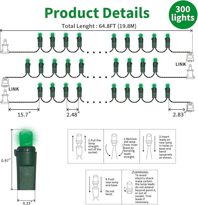 LAMPHOME St. Patrick's Day String Lights, 64.8FT 300LED Green Christmas Lights, Waterproof Halloween Connectable Christmas Tree Light for Outdoor Indoor Patio Home Party Garden Yard Decor