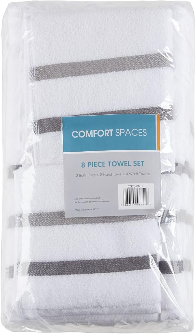 Comfort Spaces Cotton 8 Piece Bath Towel Set Striped Ultra Soft Hotel Quality Quick Dry Absorbent Bathroom Shower Hand Face Washcloths, Multi-Sizes, Zero Twist Charcoal 8 Piece