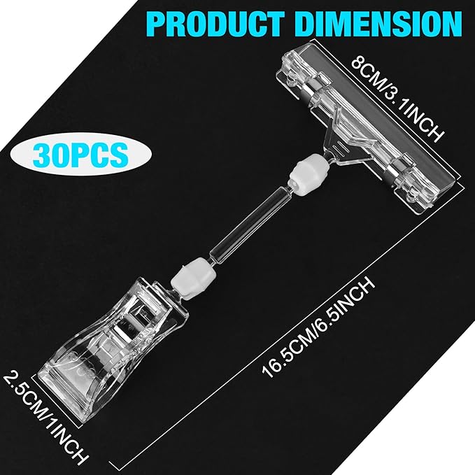 Clear Sign Clips on Merchandise Display 30 Pack Plastic Label Pop Clips on Sign Holder Shelf Double Sided Swivel Price Tag Clips on Clothing Rack Signs Rotatable Menu Clips for Sale Retail Display
