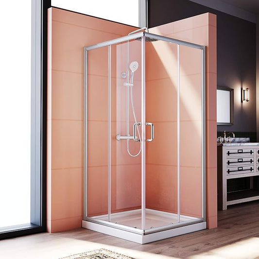 ELEGANT Corner Shower Enclosure 34'' D. x 34'' W. x 72'' H., Double Sliding Shower Door with 2 Stationary Panels, Shower Enclosure with 1/4'' Clear Glass, Brushed Nickel (Shower Base Not Included)