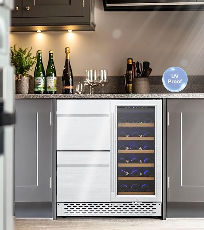 30'' Outdoor Wine and Beverage Refrigerator 120 Cooler, 2 Drawer Dual Zone Wine Fridge with Intelligent Control Advanced Compressor Under Counter Freestanding for Patio Bar Cabinet