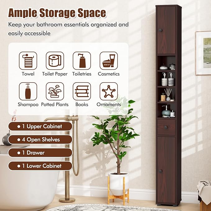 Giantex Slim Bathroom Storage Cabinet - 71” Tall Narrow Floor Cabinet Cupboard with 2 Doors, 5 Adjustable Shelves, 1 Drawer, Anti-Tipping Device, 2 Pack Thin Linen Tower Cabinet, Reddish Brown