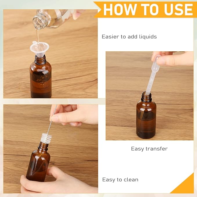 Nuogo 100 Pcs 2 Oz Glass Spray Bottles, Fine Mist Spray Bottle Refillable Cosmetic Bottles Empty Small Bottle with 10 Droppers, 5 Funnels, 2 Brushes for Essential Oil Cleaning Solutions(Brown)