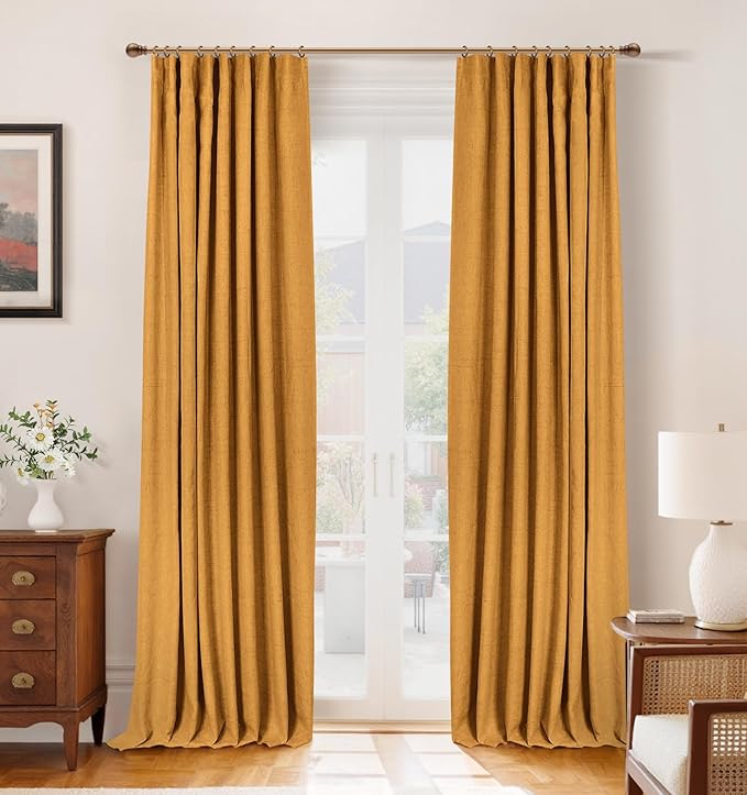 INOVADAY 100% Blackout Curtains for Bedroom, Black Out Curtains 102 Inch Long, Clip Rings Linen Blackout Drapes, Thermal Insulated Room Darkening for Living Room, 2 Panels - Mustard Yellow,W50xL102