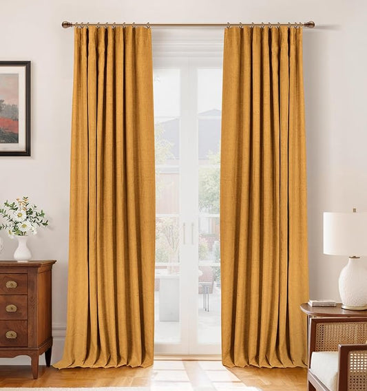 INOVADAY 100% Blackout Curtains for Bedroom, Black Out Curtains 96 Inch Long, Clip Rings Linen Blackout Drapes, Thermal Insulated Room Darkening for Living Room, 2 Panels - Mustard Yellow,W50xL96
