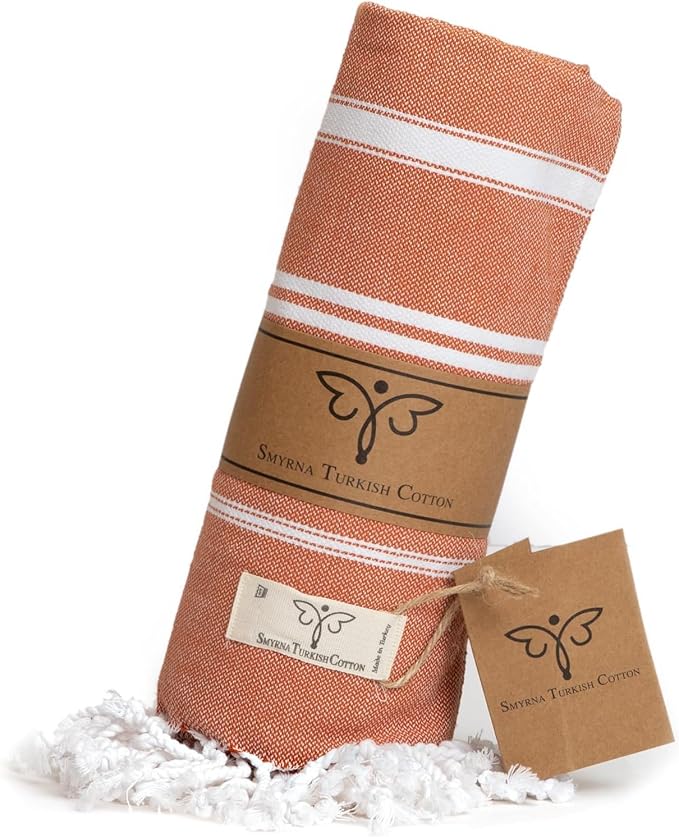 SMYRNA TURKISH COTTON Beach Blanket – Sand-Free Oversized Beach Throw 50x60 – Quick-Dry Lightweight Turkish Towel for Beach, Pool, Picnic & Outdoor Travel – Eco-Friendly Recycled Cotton, Orange