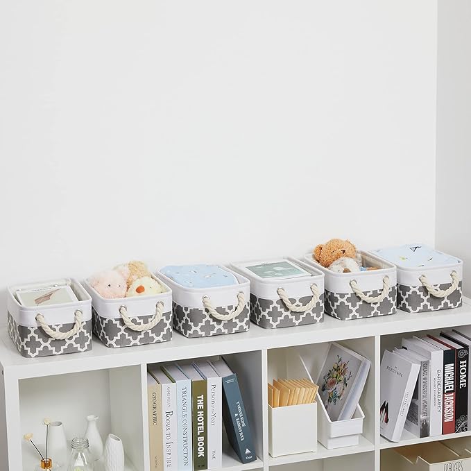 Bidtakay Small Storage Basket Cute Storage Bins Collapsible Fabric Basket Set of 6 Canvas Organizer Bin Empty Gift Baskets Baby Nursery Toys 11.8 X 7.8 X 5 Inches(White&Quatrefoil Grey)