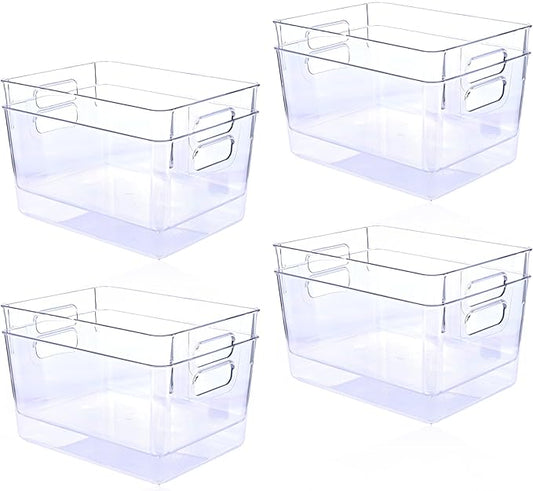 MOONEDGE Open Clear Plastic Storage Bins Stackable Organizer Containers with Handles for Kitchen, Pantry, Fridge, Cabinet, Closet Storage & Home Organization 8 Pack（11 x 8 x 6 in）