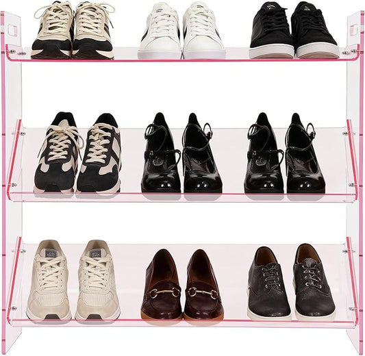 3-Tier Acrylic Shoe Rack, Shoe Organizer for Entryway Closet, Sturdy Display Shelf for Sneakers Boots, Space-Saving Storage Solution, 27.6" x 6.7" x 27.2" (Pink)