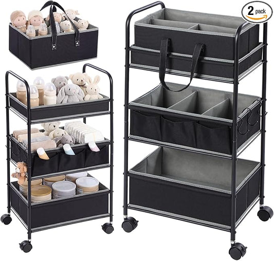 Honeydak 2in1 Baby Diaper Caddy Organizer Cart 3 Tier Large Capacity Metal Utility Bedside Rolling Cart with Divider for Newborn Nursery Essential Must Have for Crib Bedroom Baby Shower(Black)
