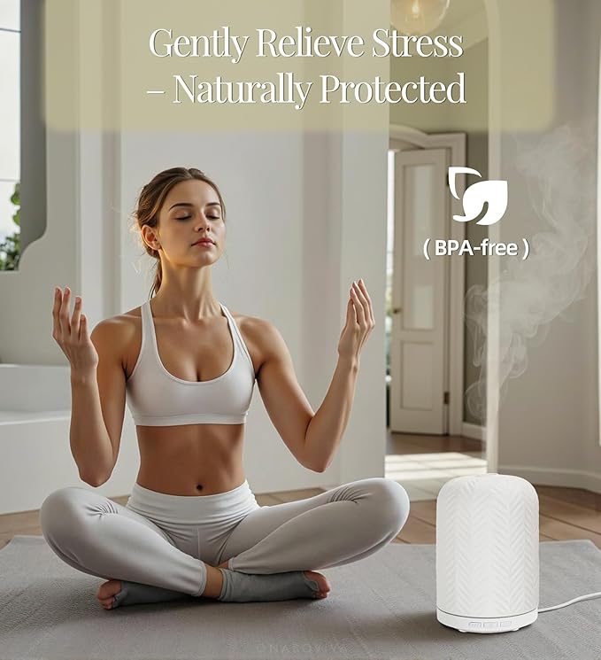 Essential Oil Diffuser - 2.4MHz Ultrasonic Ceramic Diffuser for Home, 120ml, Pulse&Continuous Mist, Bright/Dim/Breathing Lighting, Waterless Auto-Off, Aromatherapy Diffuser with USB Cable